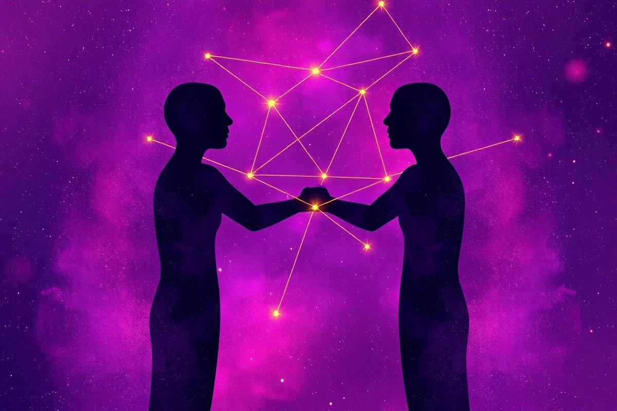 Two silhouettes connected by a golden constellation