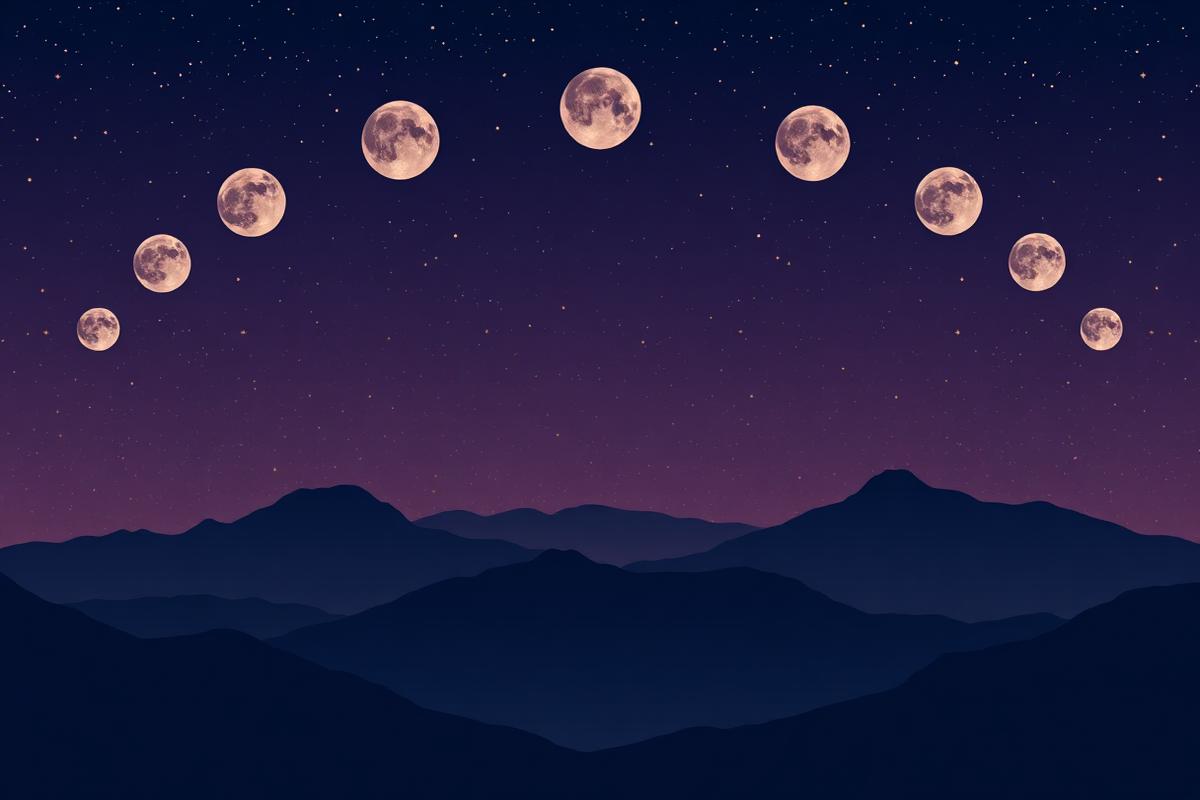 Moon phases arcing over dark mountains at night