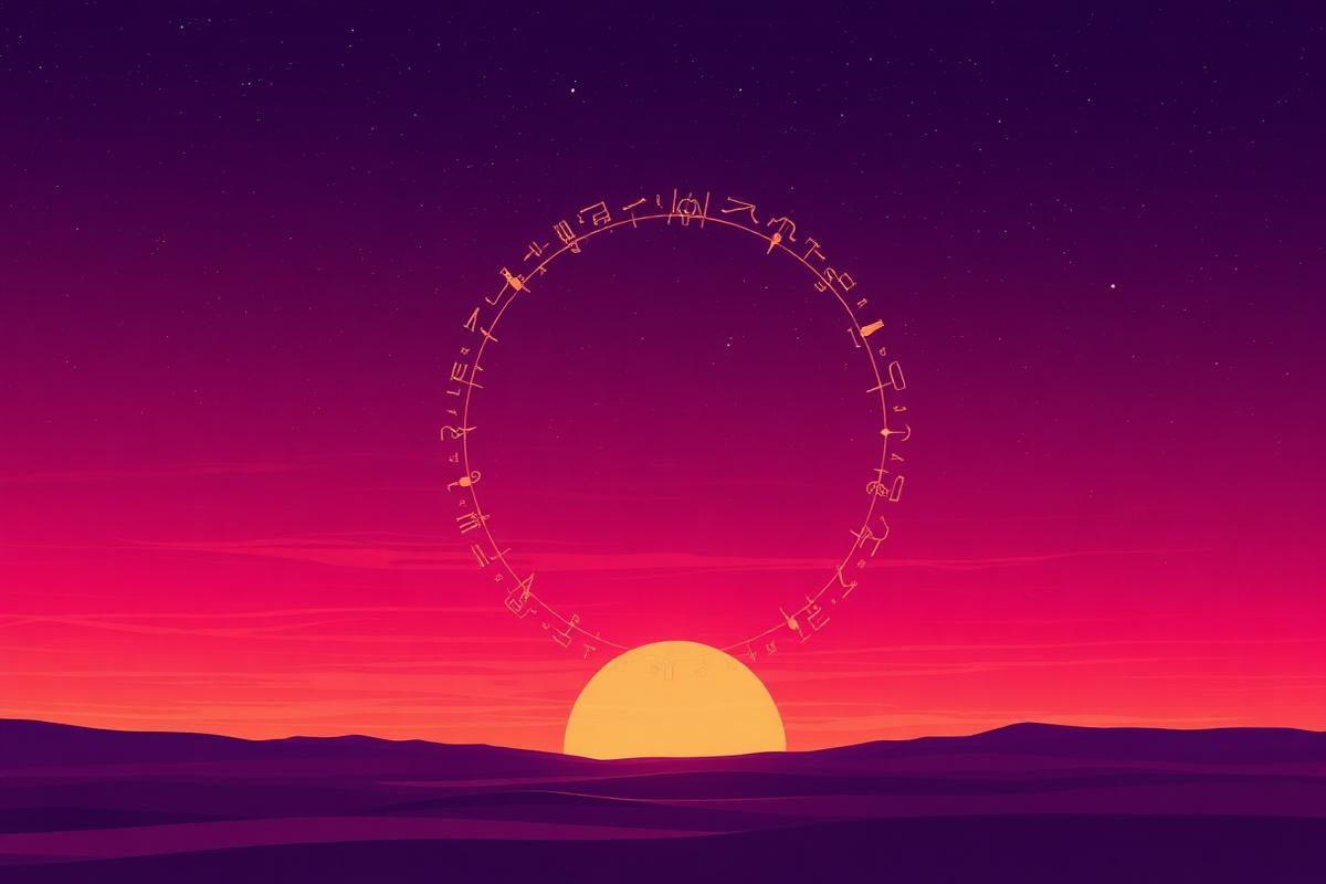Zodiac constellation ring above a sunrise horizon